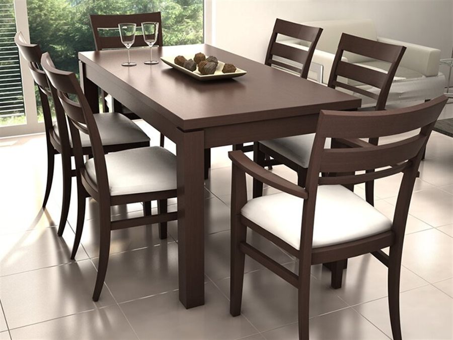 Comedor con mesa de madera oscura y seis sillas tapizadas